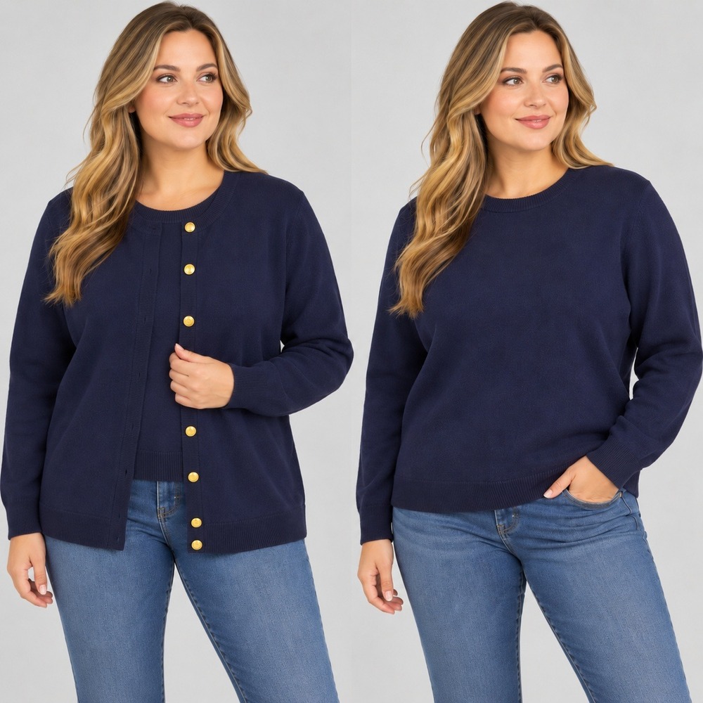Equorian Heritage Navy Blue Wool Twin Set Cardigan & Pullover XL NWT